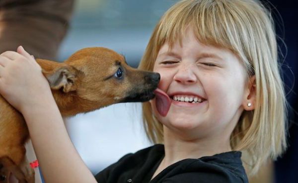 ヘロイン中毒から回復した子犬を抱く少女